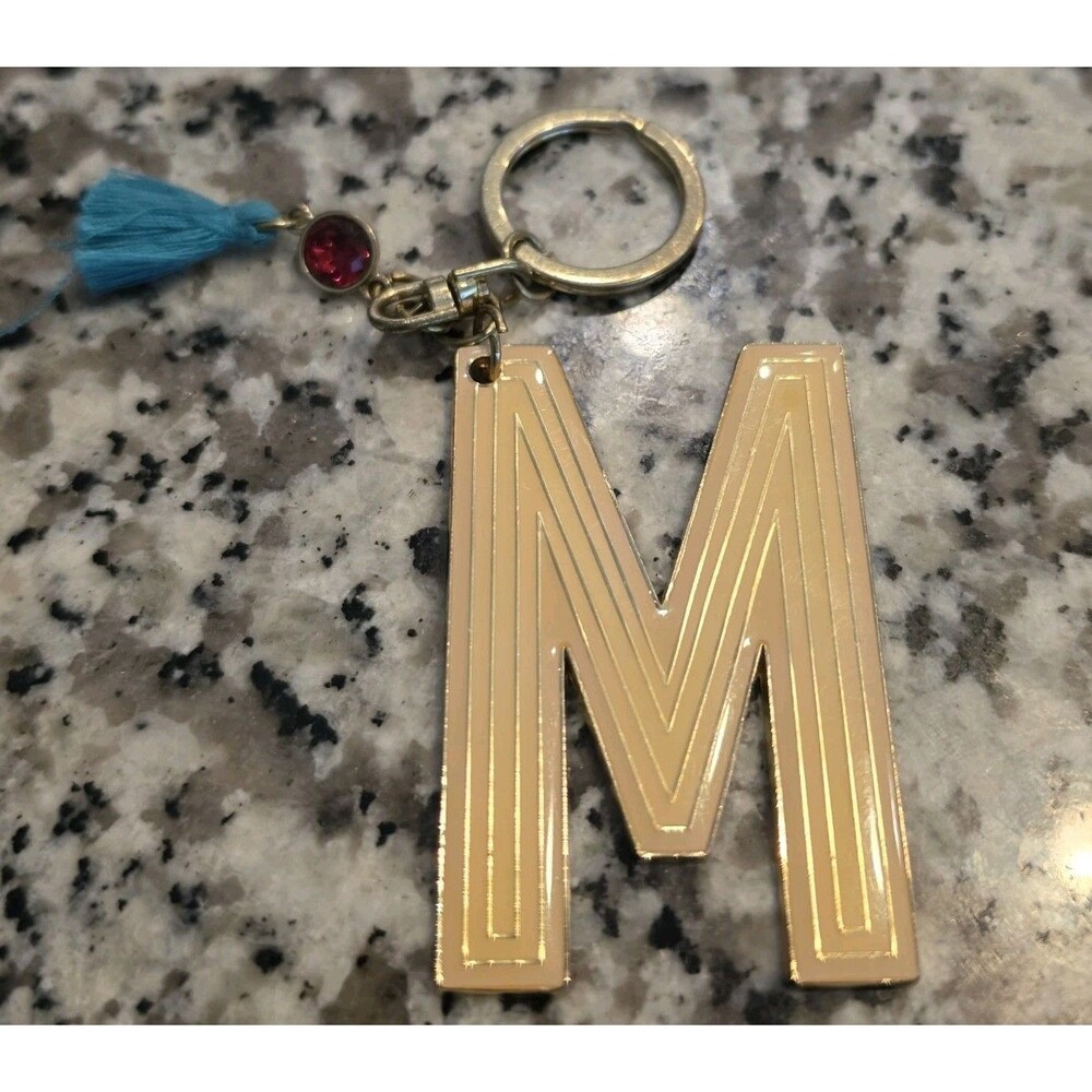 Large Gold Letter M Initial Keychain Bag Charm Blue Tassel Red Crystal Enamel